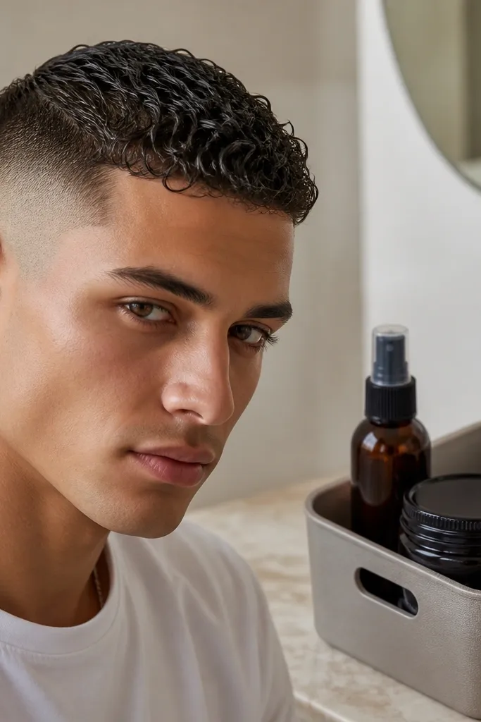 A skin fade buzz cut with very short sides and a glossy curl front. The curls at the forehead look separated and shiny, like a light gel finish. A small jar of styling gel and a spray bottle sit inside a compact storage organizer.