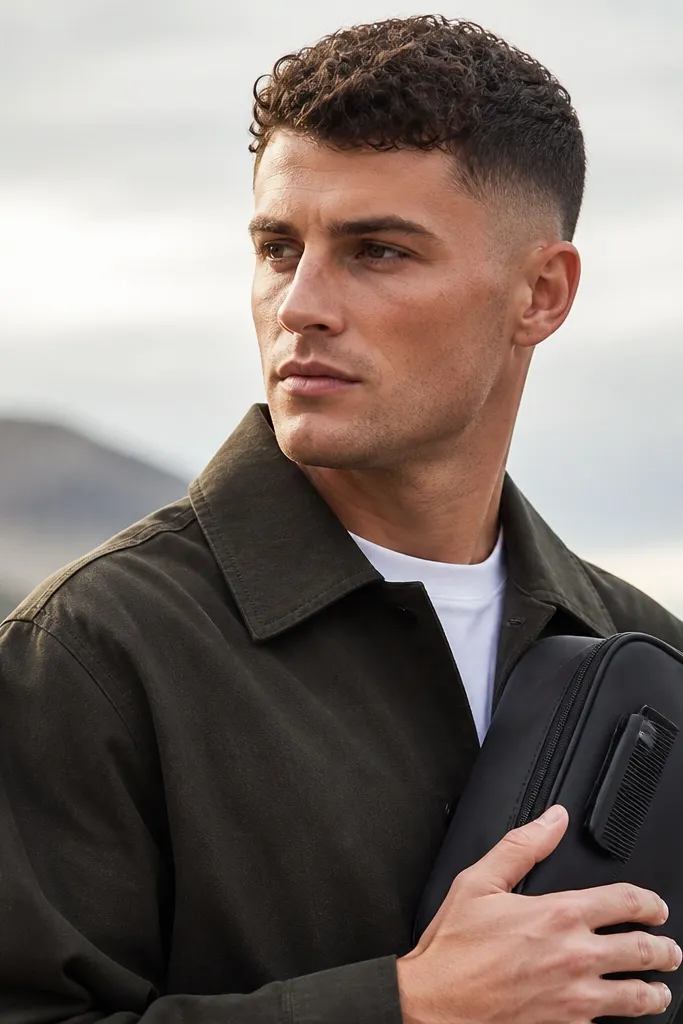 A low fade buzz cut with curls swept slightly forward and to the side. The top texture looks airy, not slick. The model's storage kit pouch is visible with a compact comb clipped to the outside.