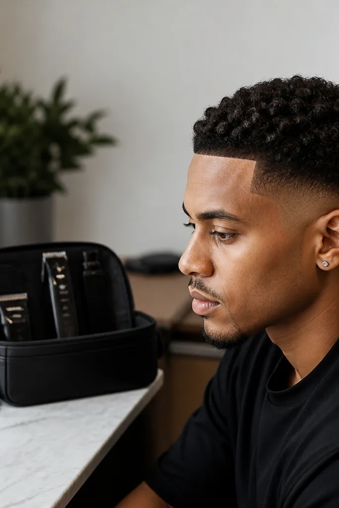 A curly buzz cut with a very sharp hairline (micro line-up) and a soft blended fade around the temples. The top curls are visible but kept natural. A small mirror sits next to the storage styling kit pouch.
