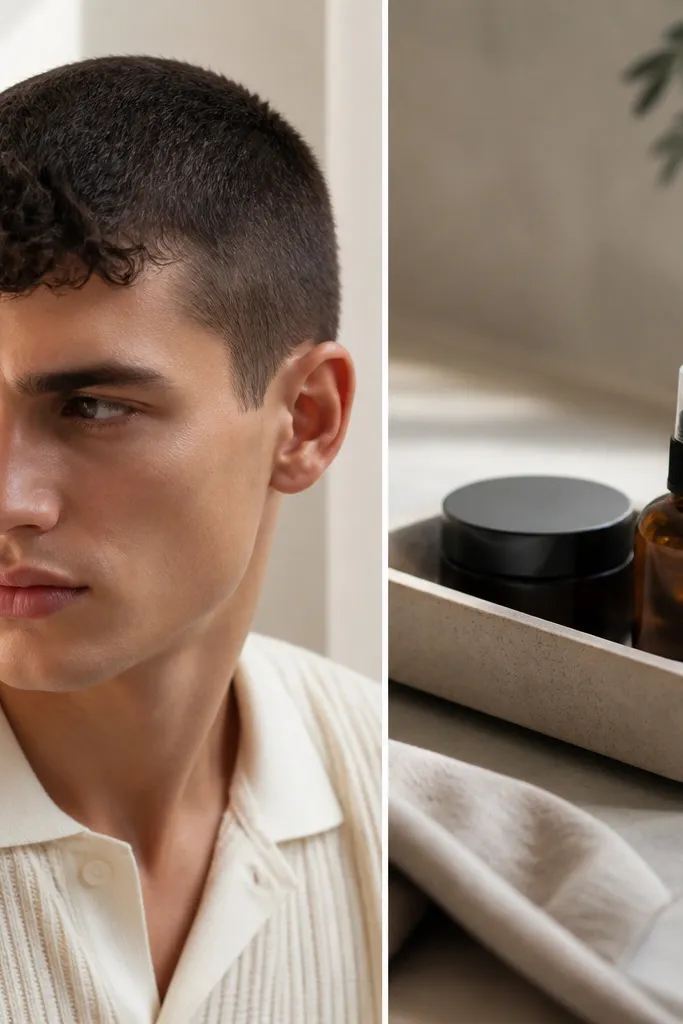 A buzz cut where the top is very short but the front has a slightly longer curly fringe. The fringe curls fall forward in small ringlets. A travel jar and mini spray bottle are arranged in a small organizer tray.