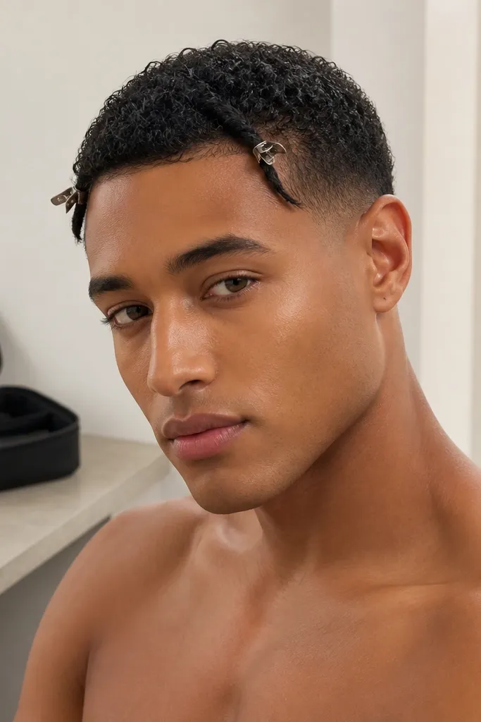 A curly buzz cut styled with two small temple twists that sit near the hairline. The top remains textured. Two mini hair clips are visible holding the twists in place, and a storage kit pouch sits nearby.