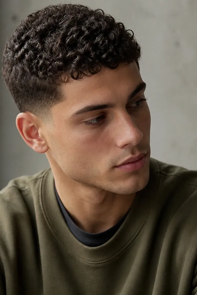 A curly buzz cut with matte texture and a subtle darker curl shadow. The model wears an olive crewneck and charcoal tee. The hair is styled with light cream, showing curl definition without shine.
