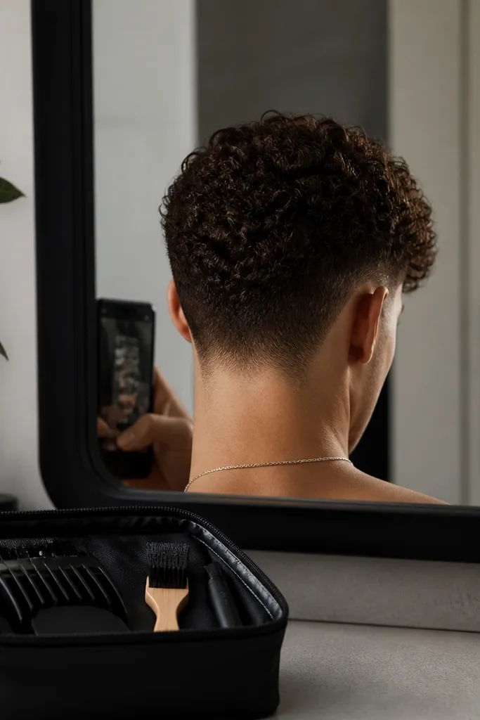 A curly buzz cut where the top curls fall forward slightly, and the neck area has a soft textured blend instead of a hard line. The model shows the back neck in a mirror photo. A mini neck brush is in the kit pouch.