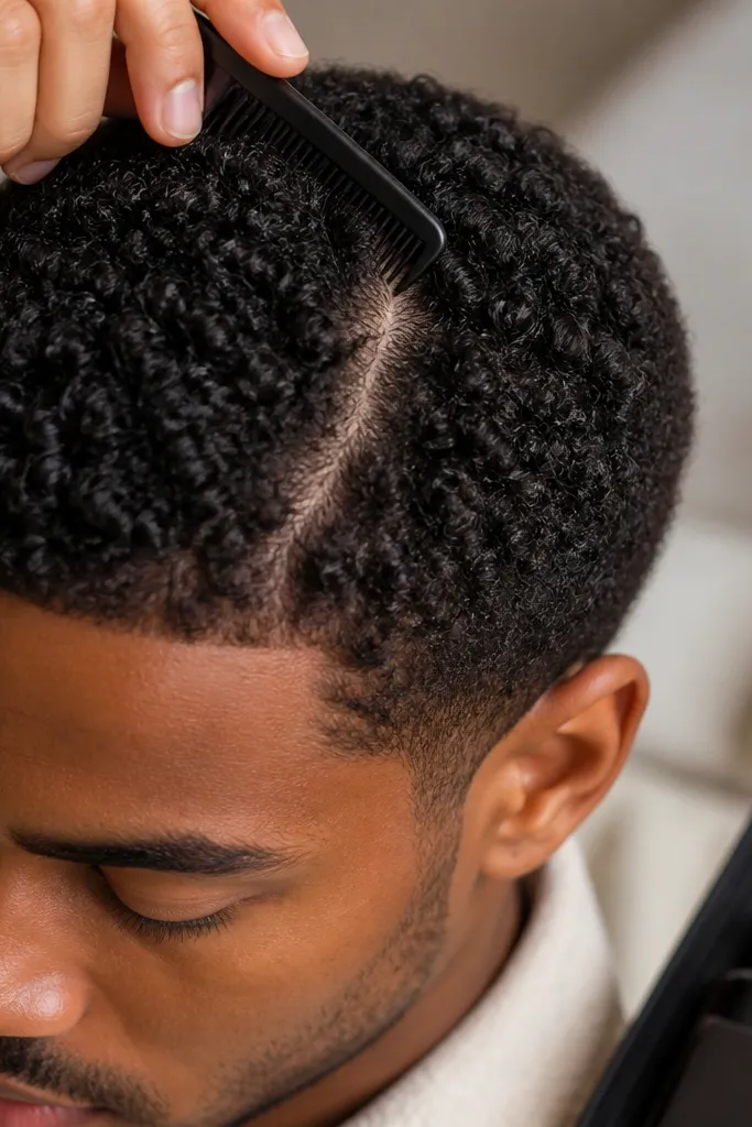 A curly buzz cut with a subtle center part where the scalp briefly shows through. The curls sit on both sides of the part like two soft waves. A small comb is used to show the part line, and the storage kit pouch is partially visible.