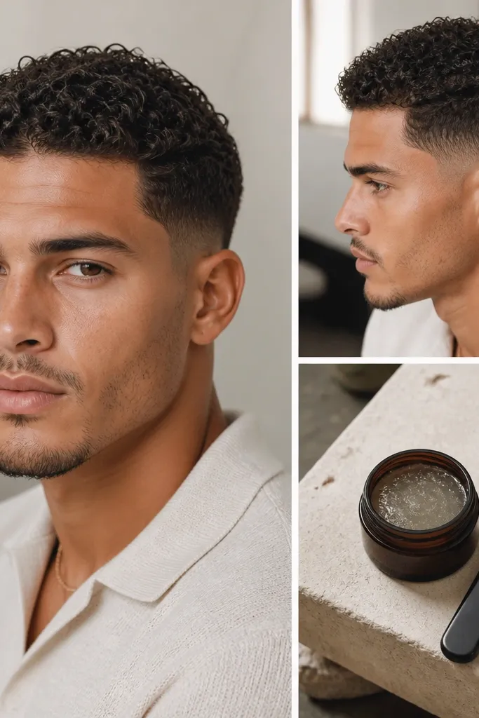A curly buzz cut with a controlled soft shine at the top. The curls are separated and glossy but not wet. The model's storage kit shows a small gel jar and a comb with a matte handle.