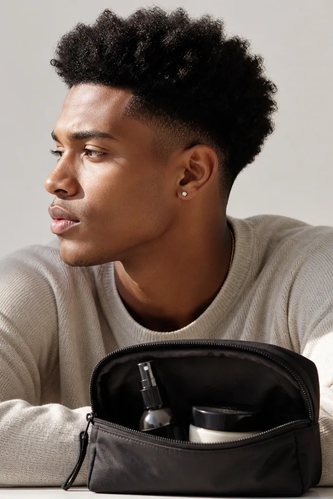 A curly buzz cut where the top is slightly longer and stands up with a soft afro-like volume. The sides are tapered, and the top has visible curl clouds. A mini spray bottle and cream jar are inside a small zip pouch.