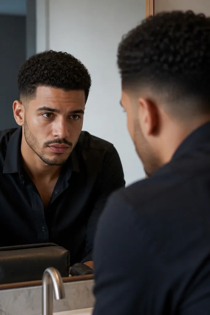 A curly buzz cut with sideburns blended smoothly into the fade. The top shows tight curls with a natural, matte finish. The model is wearing a dark button-up, and the kit pouch is on the sink.