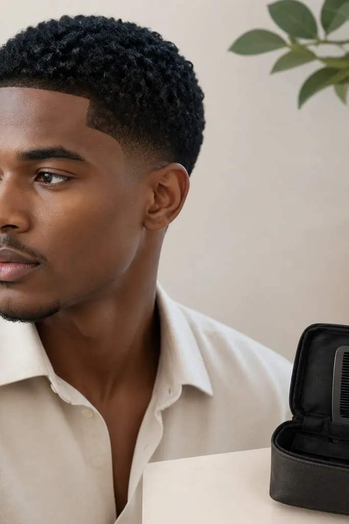 A curly buzz cut styled neatly with a clean hairline and no product residue on the collar area. The model is wearing a light shirt, and the hair looks set but not stiff. The storage styling kit pouch shows a small comb and jar.