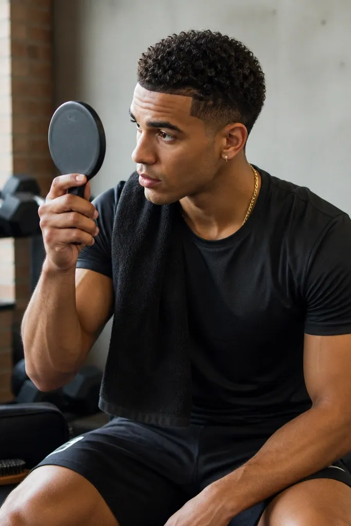 A curly buzz cut after a gym reset. The curls look revived and the temple fade looks crisp. The model holds a compact hand mirror and the kit pouch sits on a bench with a small brush visible.