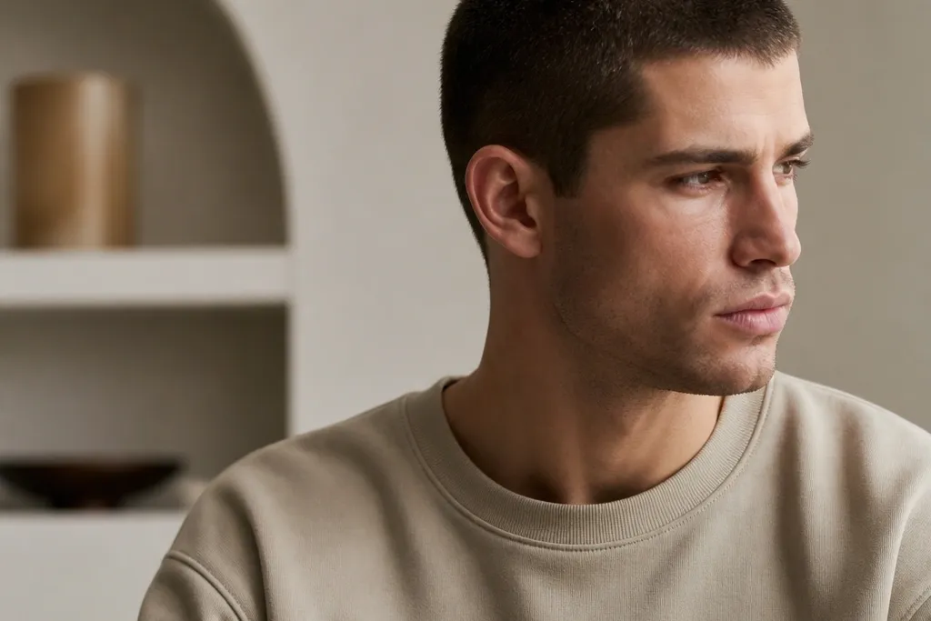 Buzz cut mens curly hair with storage