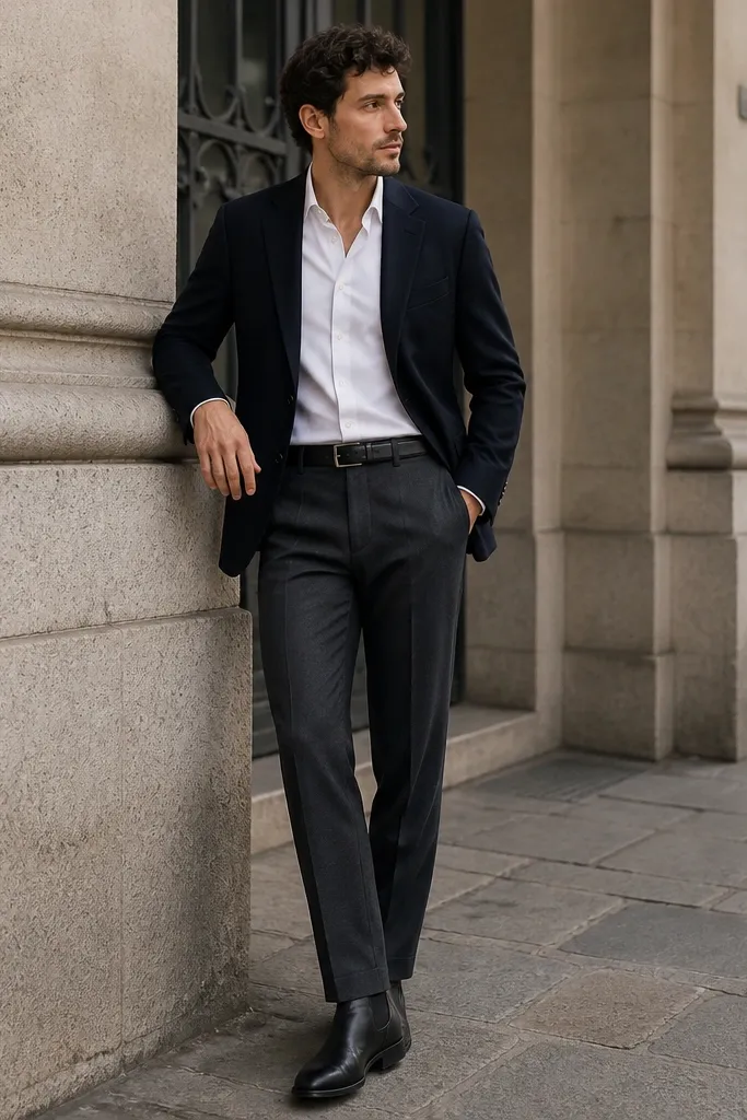 A full-body photo shows jet-black smooth leather Chelsea boots with elastic sides, paired with charcoal wool trousers that fall straight to the top of the boot. The hem breaks neatly over the boot edge, and the socks are black. A dark navy blazer with a white shirt is visible, plus a slim black belt.