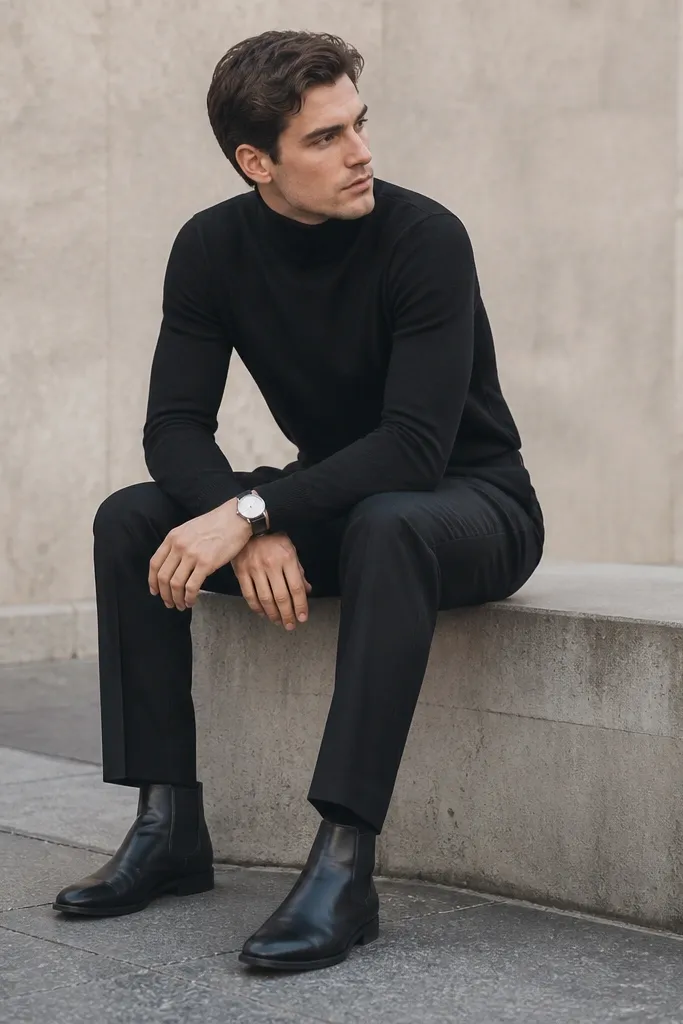 The photo shows black Chelsea boots with a sleek toe and elastic gussets. The wearer has black pleated trousers with a soft taper that stops at the boot opening. A fitted black turtleneck and a thin silver watch are visible.