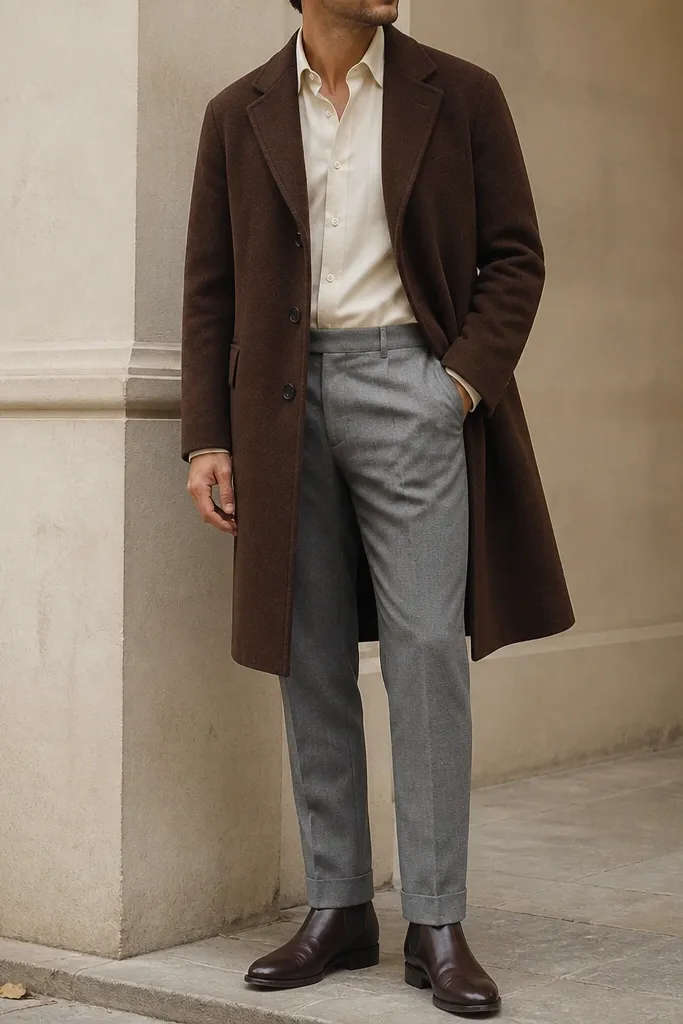 A close full-body shot shows dark brown leather Chelsea boots with a polished edge. The trousers are light gray flannel with a straight fit and a slight break. The outfit includes a cream button-down shirt and a brown overcoat.