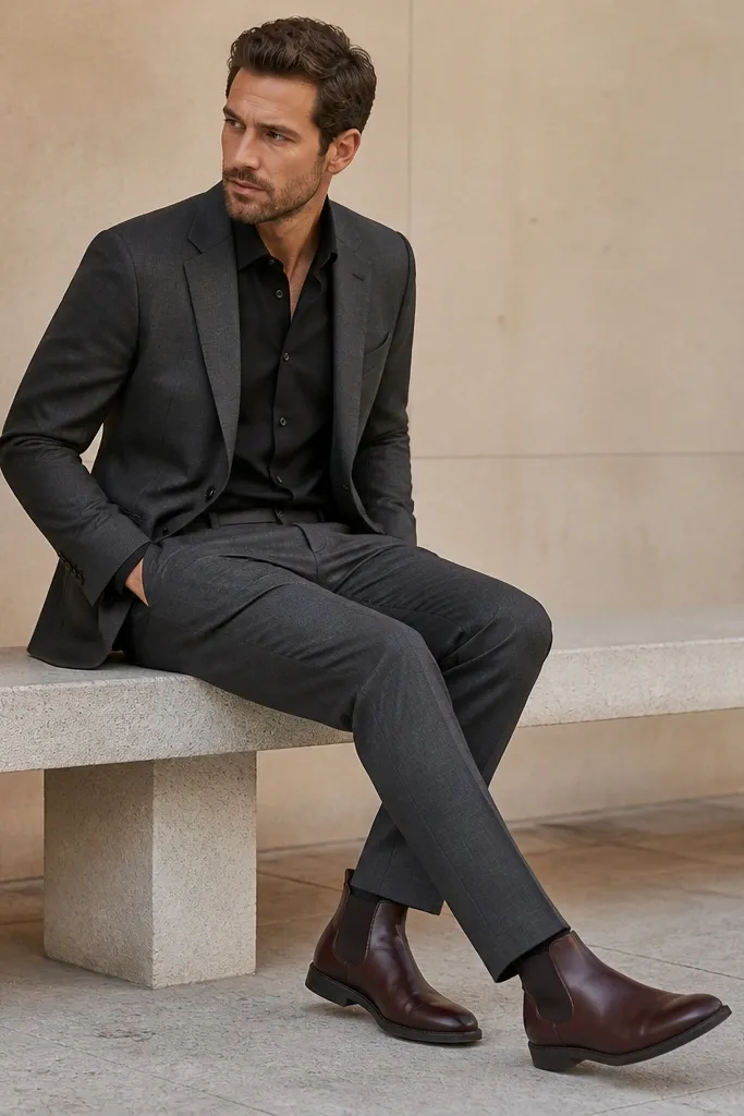 The image shows oxblood red-brown Chelsea boots with a fine leather grain. The wearer wears charcoal suit trousers with a tailored taper and a crisp hem break. A black dress shirt and a charcoal blazer are visible.
