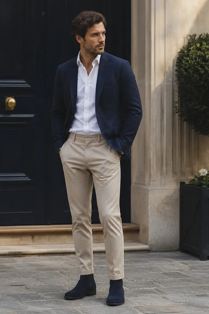 A full-body shot shows deep navy suede Chelsea boots with a soft nap. The wearer wears stone-colored chinos with a tapered leg and a clean hem break. A white oxford shirt and a navy blazer are visible.