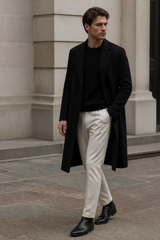The photo shows black Chelsea boots with a sleek toe. The trousers are slim off-white/cream and fall in a straight line to the boot top. The outfit includes a black knit sweater and a long black coat.