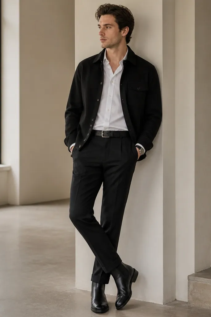 The image shows black Chelsea boots paired with black tailored trousers. There is a black overshirt layered over a white shirt, and the boots have a smooth finish. A black leather belt and a simple watch are visible.