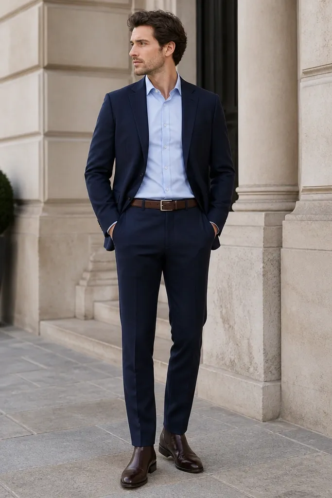 A full-body shot shows brown leather Chelsea boots with a polished finish. The wearer has navy suit trousers with a clean hem break. A light blue dress shirt and a navy blazer are visible, plus a brown belt.