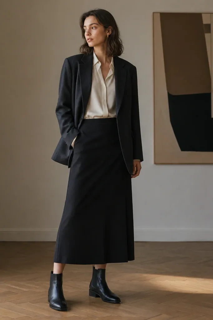 The image shows black Chelsea boots with a slim toe worn under a dark midi skirt. The skirt falls cleanly, and the hem sits just above the boot top. A tailored blazer in deep charcoal is layered over a light blouse.