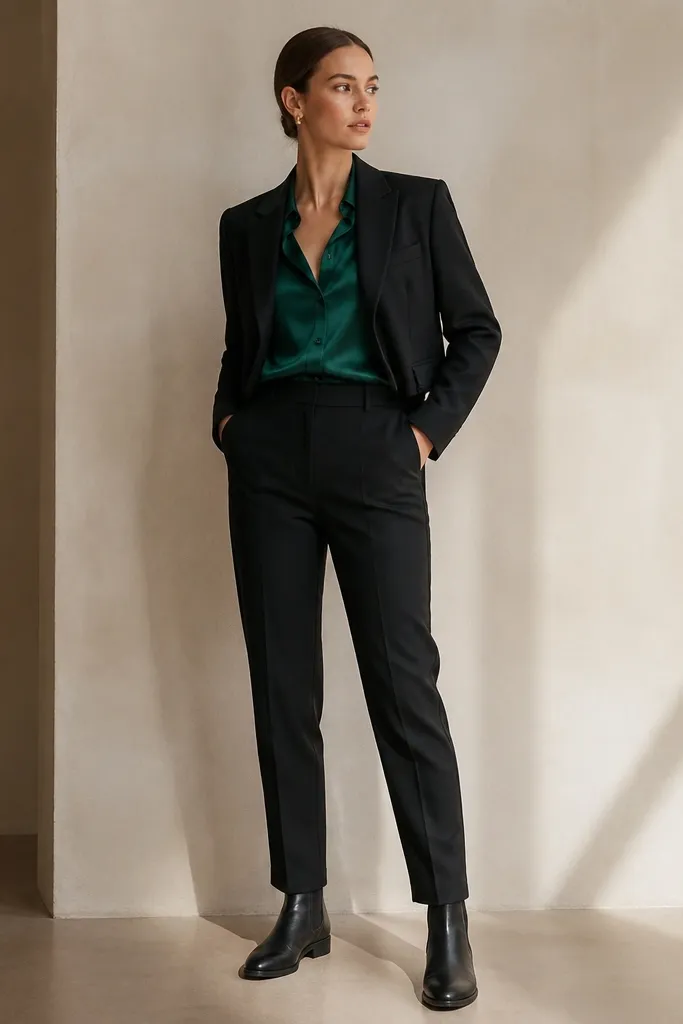 A close full-body shot shows black Chelsea boots under black pencil trousers with a short break. The top is a satin blouse in deep emerald green. A cropped blazer and small gold earrings are visible.