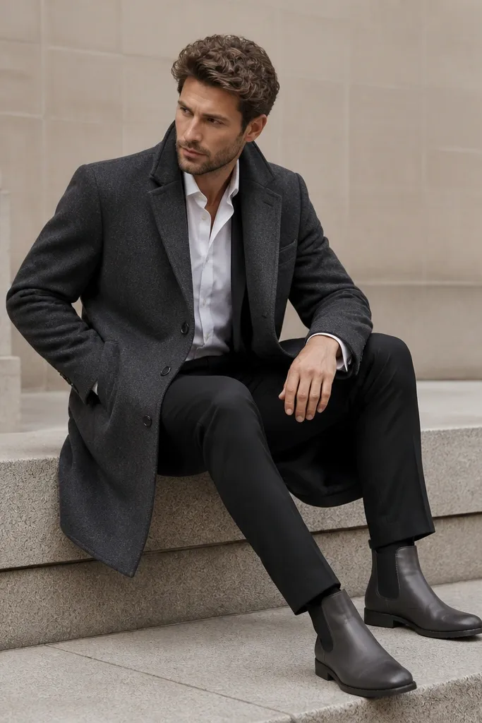 The photo shows dark gray Chelsea boots with a smooth finish. The wearer has black suit trousers with a tailored taper and a crisp hem break. A charcoal overcoat and white shirt are visible.