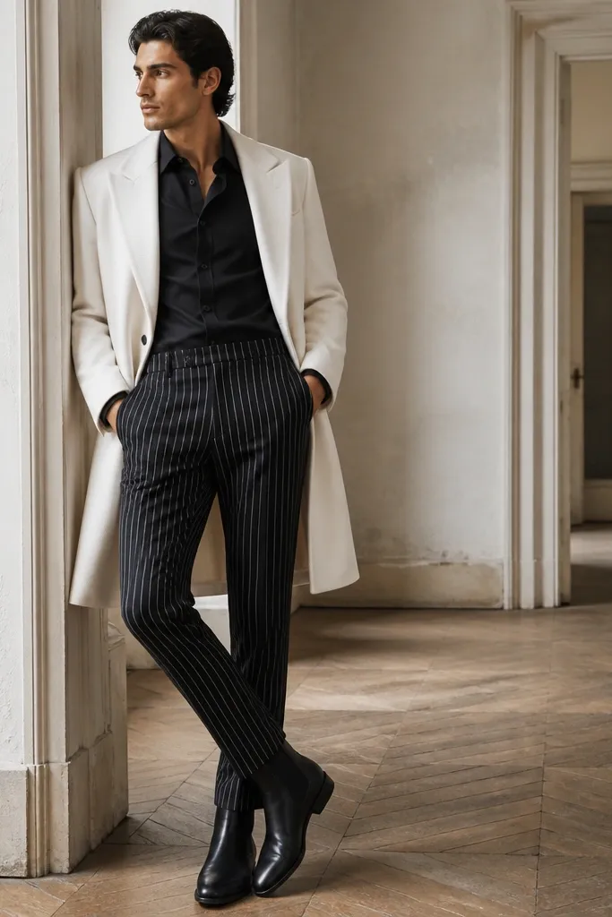 The image shows black Chelsea boots paired with black-and-white pinstripe trousers. The pinstripes run vertically and the hem breaks at the boot top. A black button-down shirt and a white overcoat are visible.