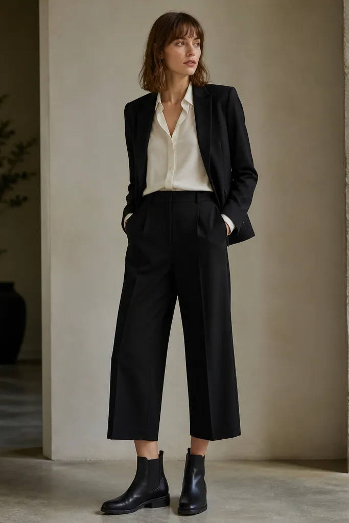 A full-body photo shows black Chelsea boots under tailored black culottes. The culottes end around mid-ankle and show a clean gap above the boot top. A cream blouse and a fitted blazer in black are visible.