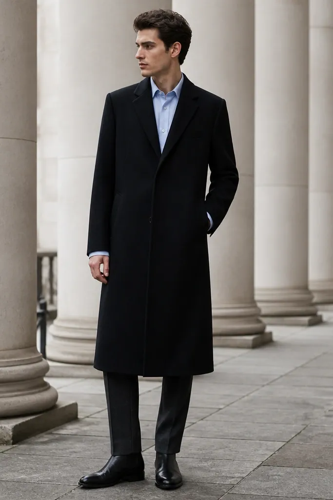 The image shows black Chelsea boots beneath a long black overcoat. The trousers are dark charcoal and hem breaks at the boot top. A light blue shirt is visible at the collar and cuffs.