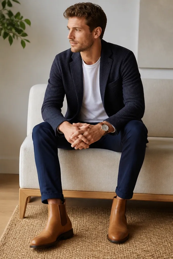 The photo shows tan leather Chelsea boots with a matte finish. Navy chinos taper to the ankle and break just above the boot top. The top includes a knit blazer over a white tee and a brown watch.