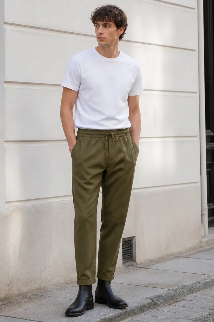 Street-style photo of a person in black chelsea boots with a plain white crewneck tee tucked into olive drawstring trousers; trousers are tapered, hem near ankle, hands in pockets, soft daylight.