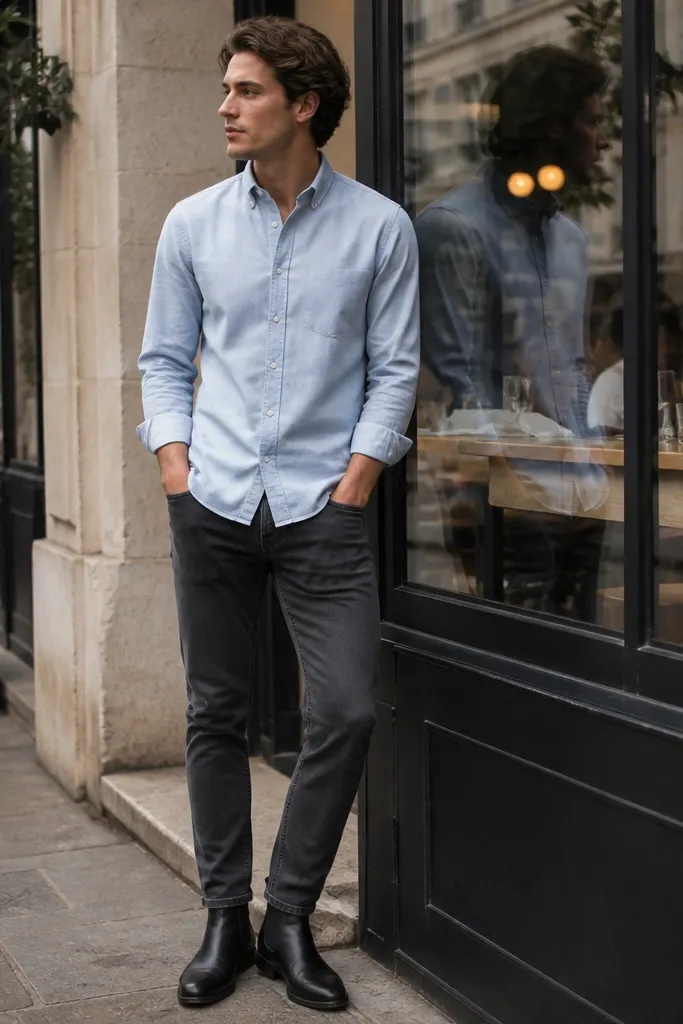 Person wearing black chelsea boots with a light blue oxford shirt, charcoal slim jeans with a clean ankle break, sleeves rolled once, standing near a café window.