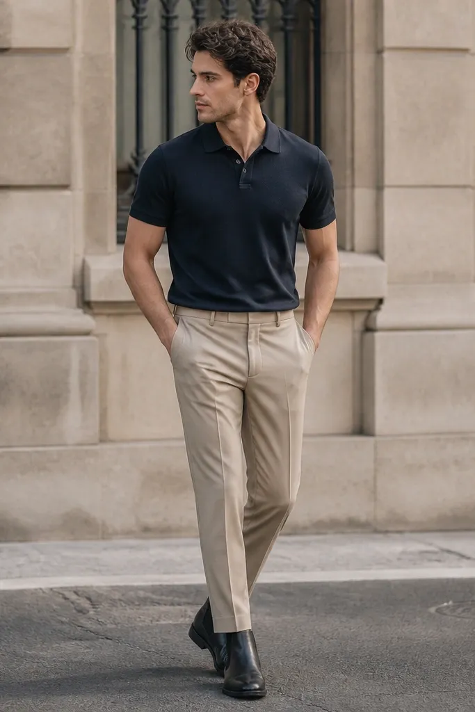 A person in black chelsea boots wearing a navy polo shirt and beige chinos; chinos end sharply at the ankle with a crisp crease, outdoor street background.