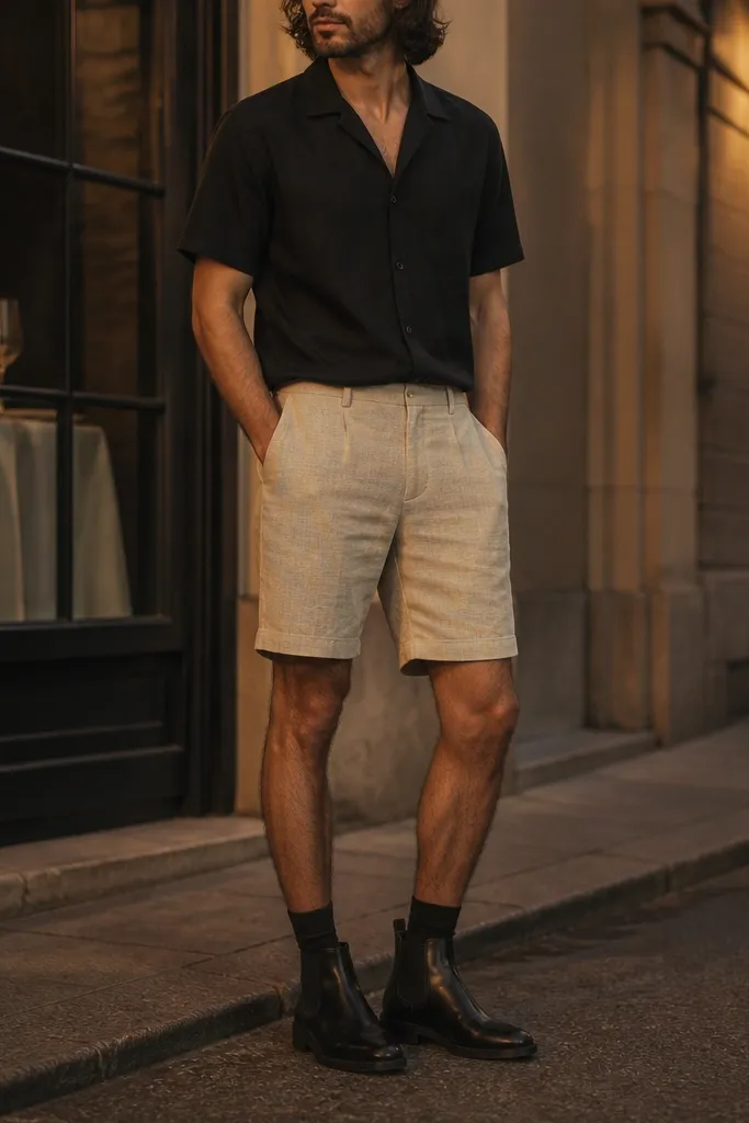 Person wearing black chelsea boots with a black short-sleeve camp collar shirt and tan linen shorts; socks visible in a dark tone, boots centered, evening street lighting.