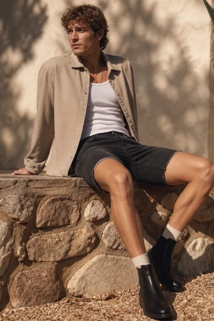 Outfit photo: black chelsea boots with sand suede overshirt over a white tank, dark denim shorts, hem ending above knee, warm late-afternoon sun.