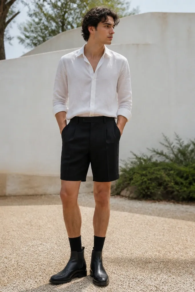 Person wearing black chelsea boots with a white linen button-up and black tailored shorts; shorts have a slight crease, socks are black and visible, bright outdoor background.
