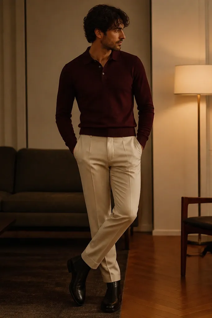 A person wearing black chelsea boots with a burgundy knit polo and light stone trousers; trousers end at ankle with a slight break, indoor evening setting with warm light.