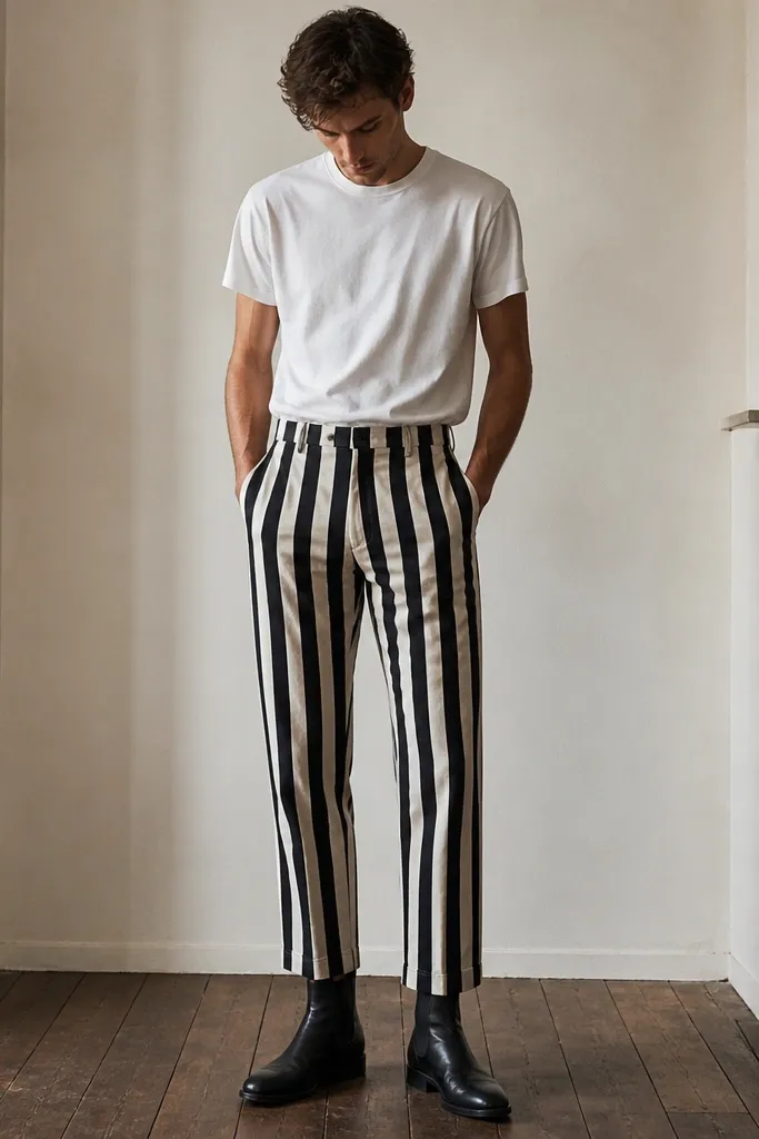Man wearing black chelsea boots with a white tee and black-and-cream striped trousers; stripes are vertical, hem at ankle, boots centered in frame.