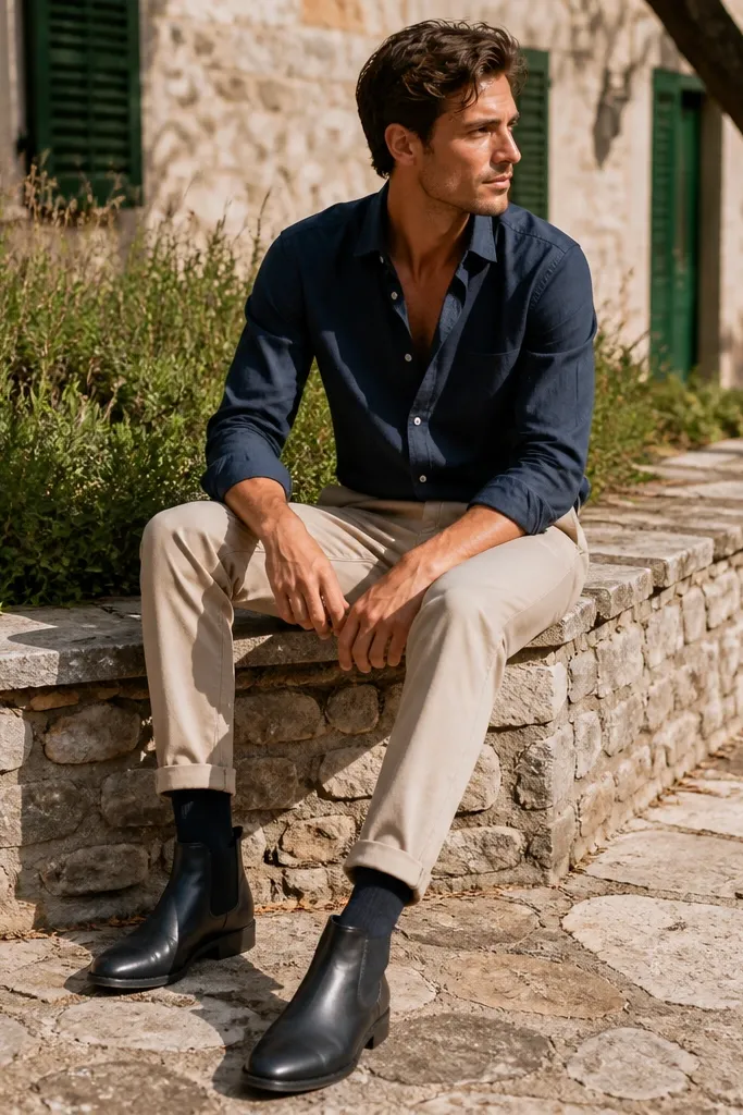 Person wearing black chelsea boots with a navy linen shirt, sand chinos rolled once at hem, socks in navy, sunny outdoor scene.