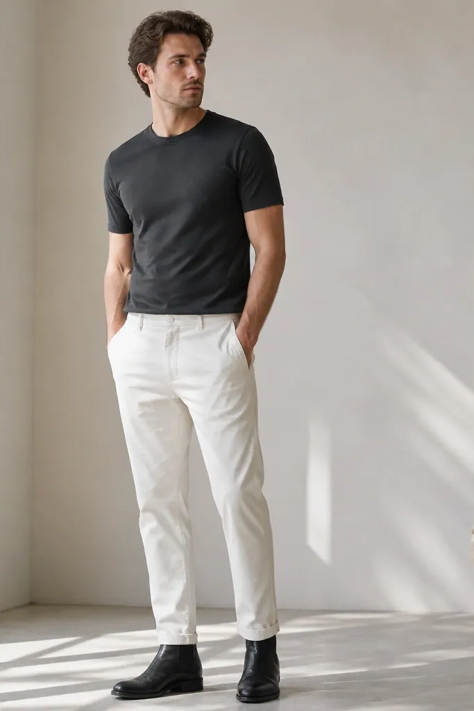 Outfit photo: black chelsea boots with a charcoal fitted t-shirt and white washed trousers; trousers have a tapered cut and ankle break, bright background.