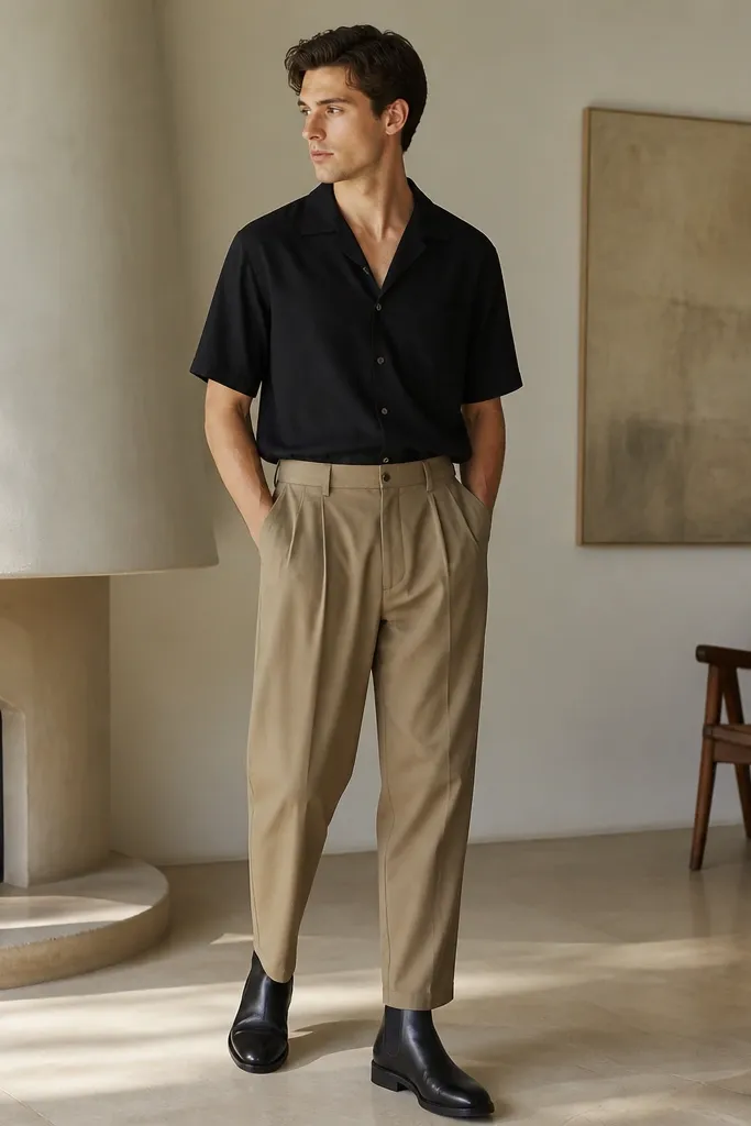 Person wearing black chelsea boots with a black short-sleeve button-up and tan pleated trousers; trousers are wider at thigh and taper slightly, hem at ankle.