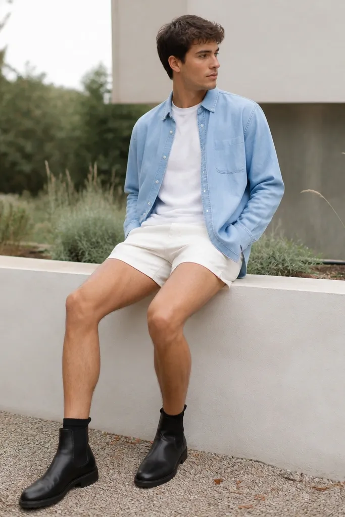Person in black chelsea boots wearing a pastel blue chambray shirt over a white tee, white shorts with a short hem, black socks visible, outdoor daytime.