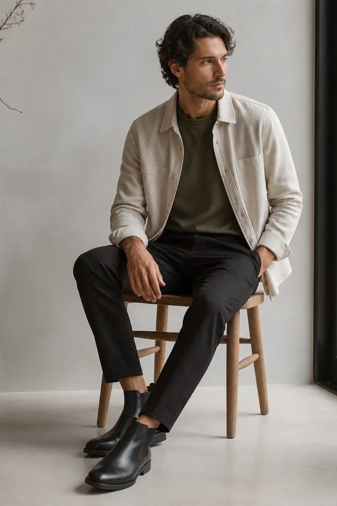 Outfit: black chelsea boots with olive tee, sand lightweight overshirt layered, black tapered pants, ankle break showing boot toe.
