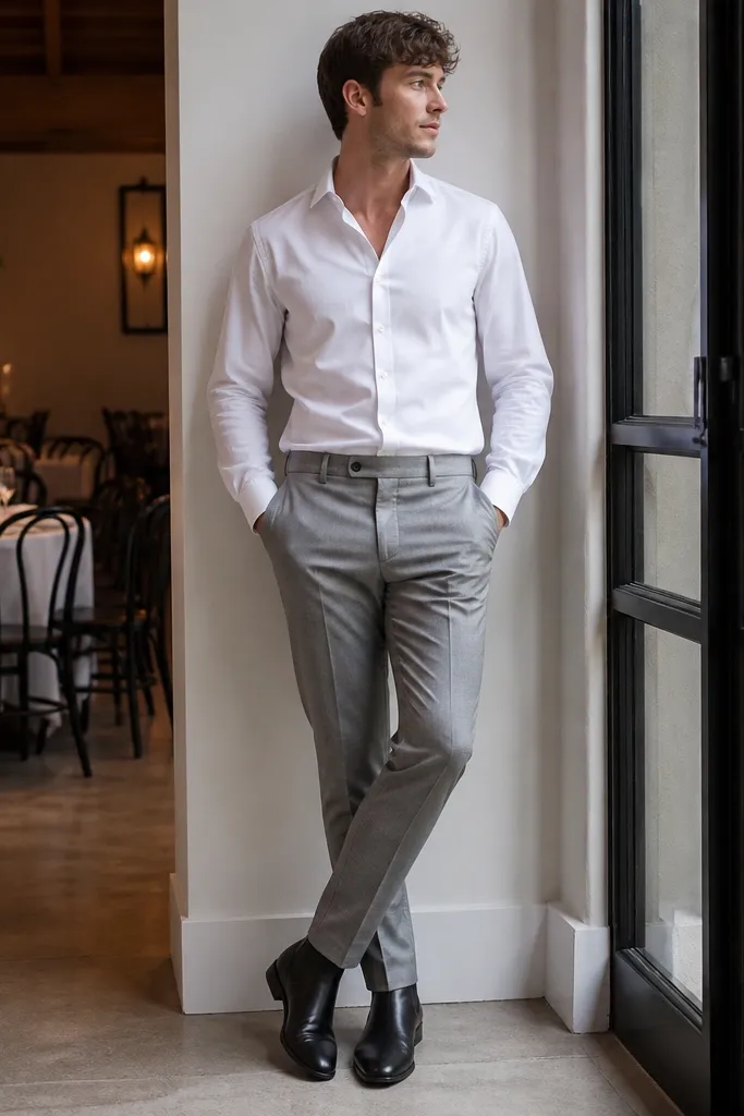 A dressed-up look: black chelsea boots with white dress shirt, light gray suit trousers with ankle break, no tie visible, indoor event lighting.