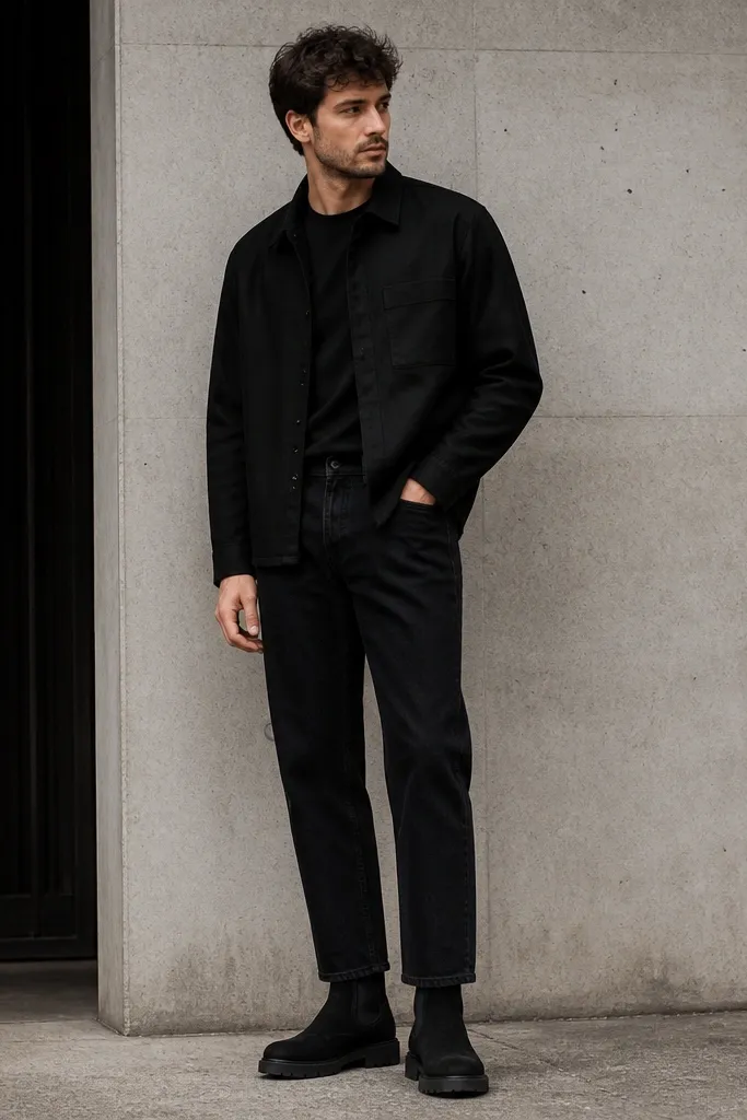 A man in a black overshirt over a black crewneck tee, wearing straight-leg black denim that stops cleanly above chunky black Chelsea boots with thick soles. The boots are matte suede, and the outfit looks monochrome with a slight contrast from the overshirt texture.