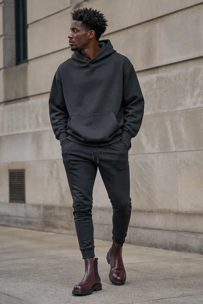 A streetwear look with oxblood chunky Chelsea boots, a charcoal gray hoodie, and tapered jogger pants that taper to a narrow ankle. The hoodie is slightly oversized but the joggers fit snug at the calf, with a clean hem above the boot.