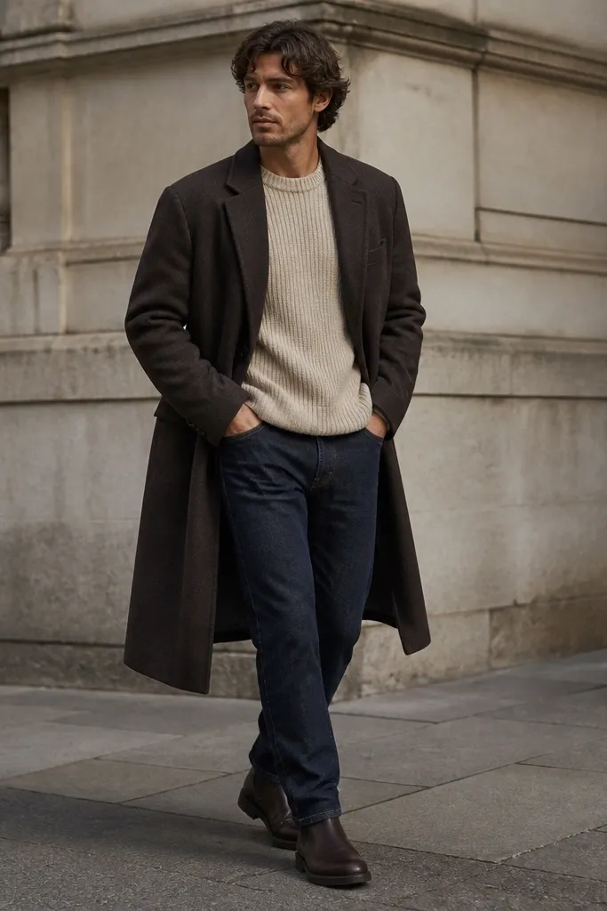 A person wearing a cream ribbed knit sweater with dark indigo jeans and a longline coat that falls below the knee. The chunky Chelsea boots are dark brown, and the jeans break slightly over the boot with a neat stack.