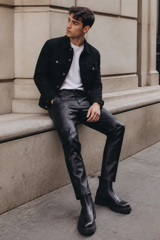 A street look with a black denim jacket over a white crew tee, paired with black leather-look pants that are slim through the leg and stop cleanly at the boot. Chunky black Chelsea boots with thick soles are the focal point.
