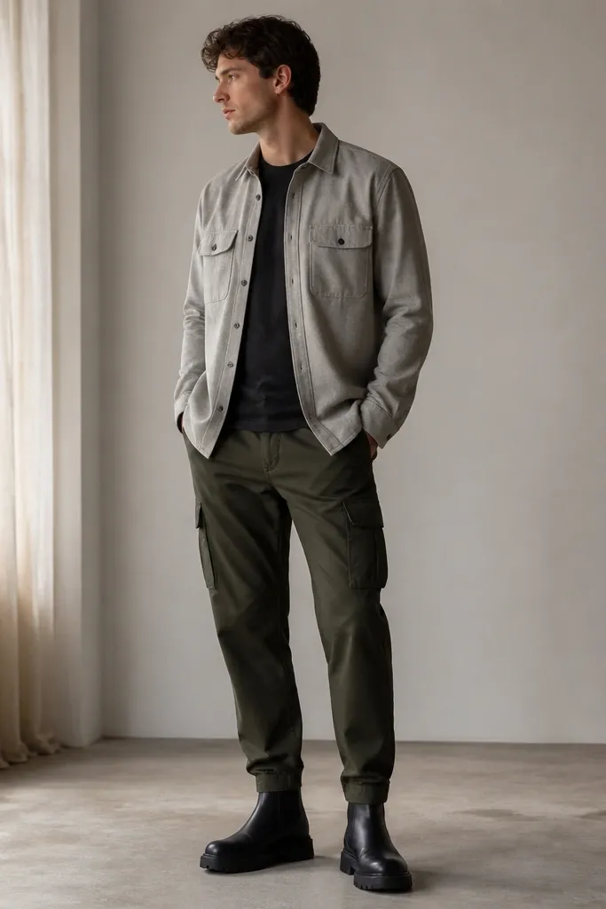 A person wearing a light gray overshirt over a dark tee, with dark olive cargo pants that taper slightly at the ankle. They're wearing chunky black Chelsea boots, and the cargo pockets are visible.