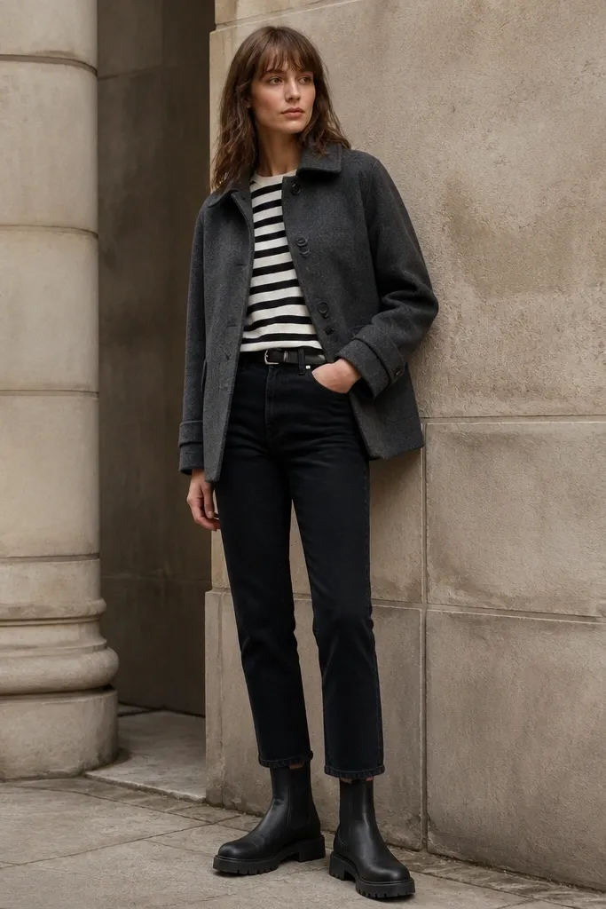 A striped black-and-white long-sleeve shirt under a cropped wool coat, with black jeans that end cleanly above chunky black Chelsea boots. The coat hem sits around the upper thigh.