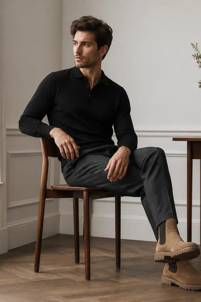 Tan suede chunky Chelsea boots paired with a black knit polo shirt and slim tapered trousers in dark gray. The trousers end right at the boot opening, showing the elastic gore.